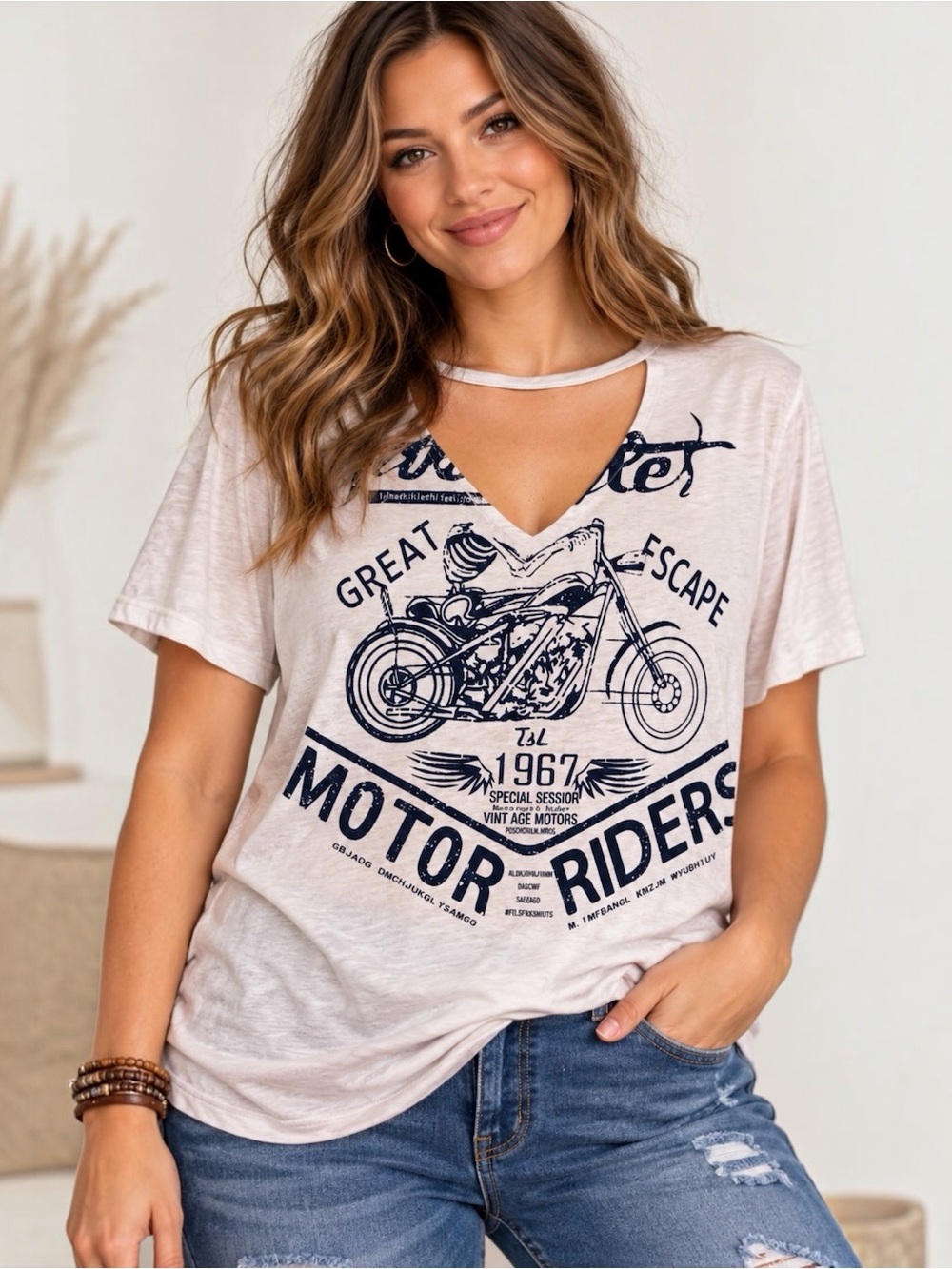 Women’s Motorcycle Graphic Tee Cutout Choker V Neck Biker Moto